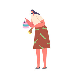 Female with Roll and Bucket Painting Wall or Decorate Home Isolated on White Background. Woman Doing Renovation Works