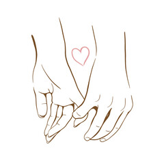 Holding hands one line drawing, hands of a guy and a girl in love. The concept of a happy family and motherhood; Hand drawn vector illustration. Line art