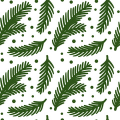 Fir tree branches. Seamless pattern on white background. Vector.