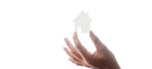 Fototapeta na wymiar Hands holding paper house, family home and protecting insurance