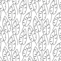 Fototapeta premium Outline banana leaves seamless pattern vector. Abstract line floral illustration. Botanical linear backdrop. Wallpaper, background, fabric, textile, print, wrapping paper, package design.
