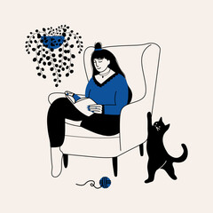 Cartoon woman reading book. Doodle minimalist female character and cat relax at home. Vector isolated illustration