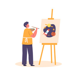 Child Painting Space And Rocket On Easel. Little Boy Character Drawing In Artist Studio Or Art School Create Pictures