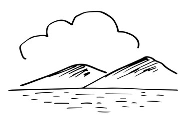 Simple black outline vector drawing. Sea and mountains, clouds in the sky. Nature and landscape. Sketch in ink.