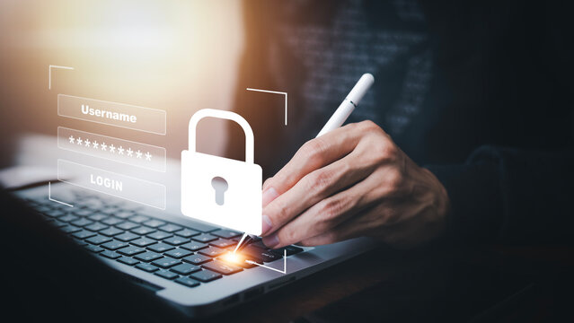 Cyber security and Security password login online concept  Hands typing and entering username and password of social media, log in with smartphone to an online bank account, data protection hacker