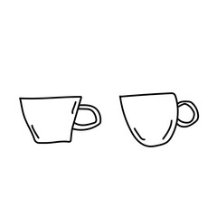 Coffee, tea cups vector doodle clipart, set of elements. Hand drawn cups, mugs. Hot drinks. Dishes.
