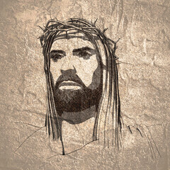 Portrait of Jesus Christ with crown of thorns. Biblical faith, gospel, salvation concept.