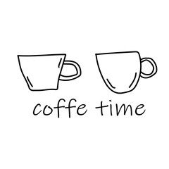 Coffee, tea cups vector doodle clipart, set of elements. Hand drawn cups, mugs. Hot drinks. Dishes.
