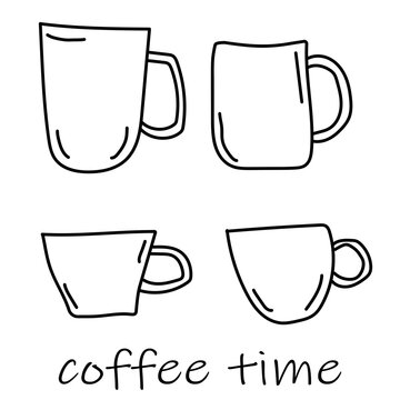 Coffee, tea cups vector doodle clipart, set of elements. Hand drawn cups, mugs. Hot drinks. Dishes.
