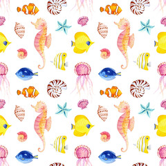 Watercolor sea corals and shells illustration. Whale dolphin seamless pattern underwater graphics. Marine fish hand-drawn, sea animal. Ocean children girl illustration. Baby shower mermaid clip art