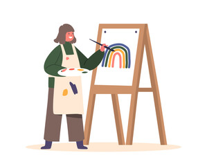 Little Girl Painting Rainbow With Paints On Easel. Child Character Drawing In Artist Studio Or Art School Workshop