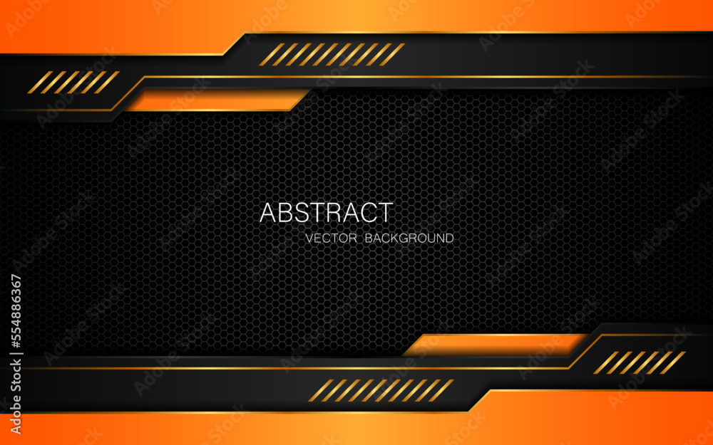 Poster abstract black and orange polygon with golden lines on dark steel mesh background with free space fo
