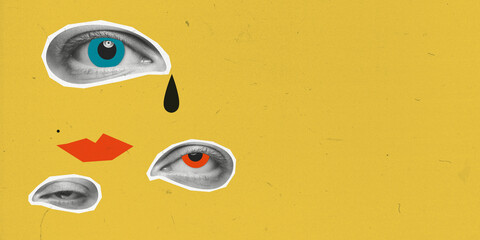 Contemporary art collage. Conceptual image. Human eyes showing different emotions of stress, sadness, annoyance over yellow background. Feeling and emotions