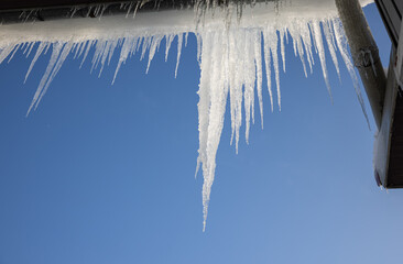 large icicles hanging from the roof on blue background