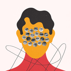 Contemporary art collage. Conceptual image. Male face silhouette with many different eyes looking....