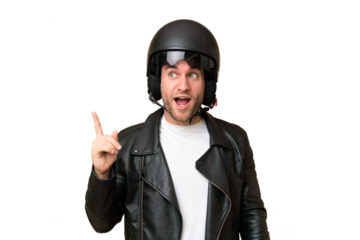 Young caucasian man with a motorcycle helmet isolated on green chroma background intending to realizes the solution while lifting a finger up