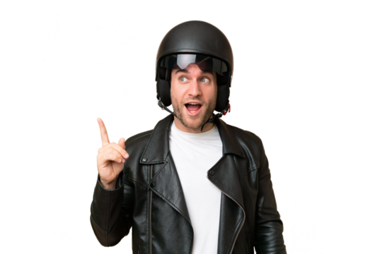 Young caucasian man with a motorcycle helmet isolated on green chroma background intending to realizes the solution while lifting a finger up