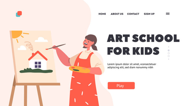 Art School for Kids Landing Page Template. Talented Child Painting On Easel in Artist Studio. Little Girl Character Draw