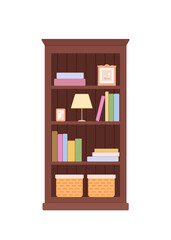 Mahogany bookcase with books isolated on white background. Home interior concept. Cartoon flat style. Vector illustration