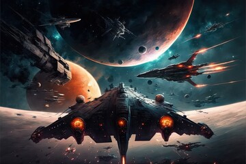 Sci-fi scene of space ships in battle,, battlecruisers and fight ships epic battle in space, Generative Ai, Generative, Ai © DigitalGenetics
