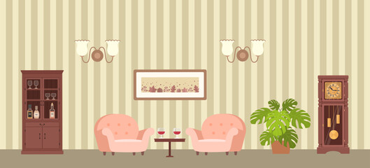 Cozy living room with mahogany furniture, pink armchairs and grandfather clock. Home interior concept. Cartoon flat style. Vector illustration