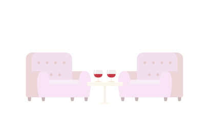 Two cozy armchairs, table and wine glasses. Cartoon flat style. Home interior concept. Vector illustration