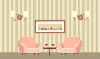 Two cozy armchairs, table and wine glasses. Home interior concept. Cartoon flat style. Vector illustration