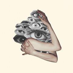 Contemporary art collage. Conceptual image. Human hands hugging many people's eyes. Social support