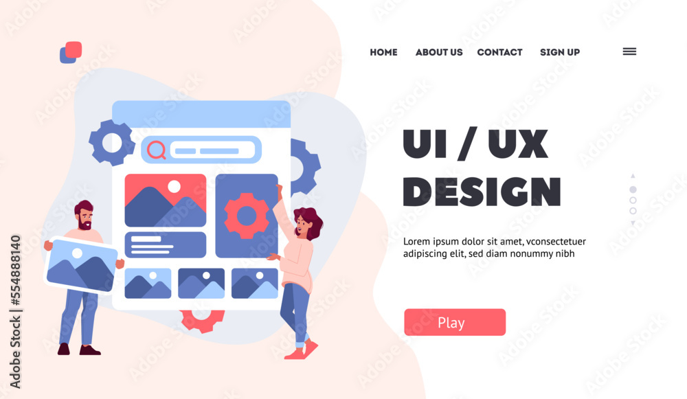 Poster ui ux design landing page template. designers team sharing ideas and collaborating in creation of us