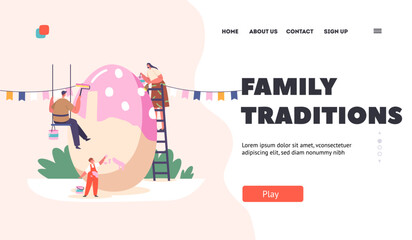 Family Traditions Landing Page Template. Tiny Mother, Father and Little Boy Painting Huge Egg for Spring Holiday