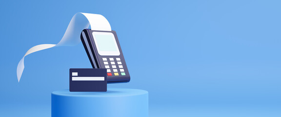 POS point of sale terminal for credit card payment on blue background. Bank terminal for paying for purchases with a printed receipt. Credit card payment, shopping. 3d rendering illustration.