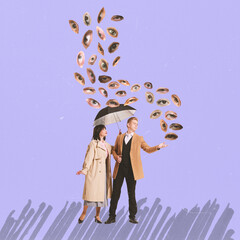 Contemporary art collage. Conceptual image. Young couple hiding under umbrella from many human eyes. Private life safety