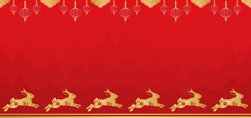 Seamless linear pattern wallpaper for Chinese New Year decorations. Rabbit golden on red background. Zodiac sign year of the rabbit. With copy space for text. Vector EPS10.