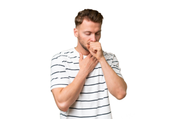 Young blonde caucasian man over isolated background coughing a lot