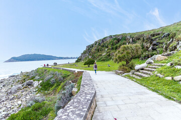 views of the atlantic ocean in the town of Baiona, Galicia, Spain