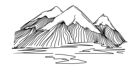 Hand sketch of winter mountains. Mountains sketch on a white background. Snowy mountain peaks and Shapes For Logos