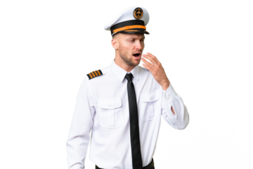 Airplane pilot man over isolated background yawning and covering wide open mouth with hand