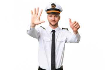 Airplane pilot man over isolated background counting six with fingers