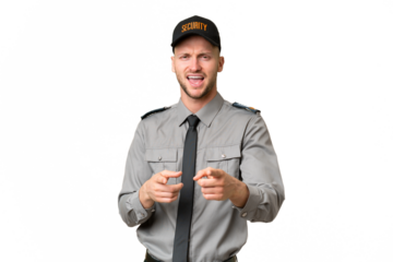 Young security caucasian man over isolated background pointing to the front and smiling