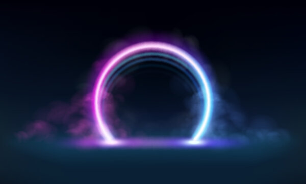 Neon glowing round frame with purple smoke
