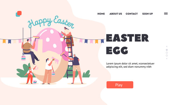 Easter Egg Landing Page Template. Happy Family Prepare for Easter Celebration. Tiny Parents, Granny and Children