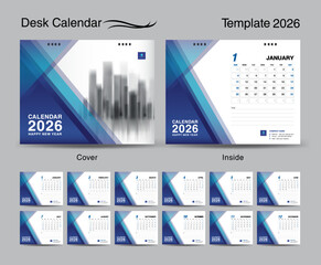 Desk Calendar 2026 template set and Blue polygon cover design, Set of 12 Months, creative calendar 2026 design, wall calendar 2026 year, planner, business template, Stationery, printing media, vector