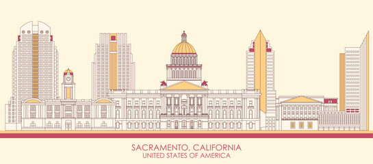 Cartoon Skyline panorama of Sacramento, California, United States - vector illustration