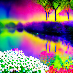 Obraz na płótnie Canvas Rainbow color forest with lake, fantasy location - Generative AI - Abstract Illustration