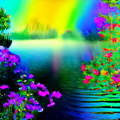 Fototapeta na wymiar Rainbow color forest with lake, fantasy location - Generative AI - Abstract Illustration