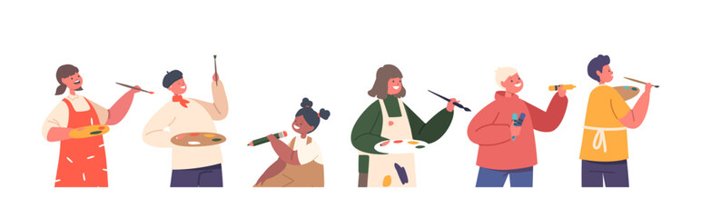 Children Painting With Palette And Brushes. Little Boys And Girls Characters Drawing In Artist Studio Or Art Workshop