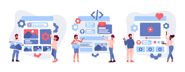 Set Ui Ux Designer Characters Develop Website Interface, Create Content Layout With Visual Elements Vector Illustration