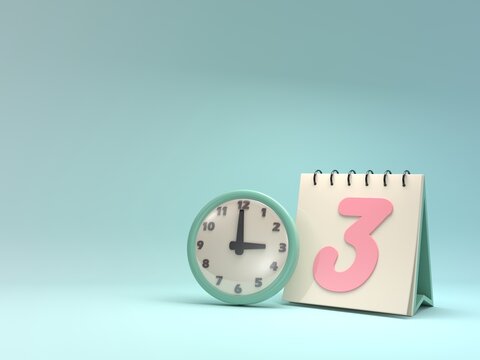 3D Calendar with clock. mark the date For reminders, date, time, in a green background. For scheduling appointments, work days, holiday planning