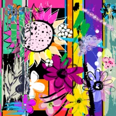 Fototapeten abstract background composition with flowers, paint strokes, splashes and geometric lines © Kirsten Hinte