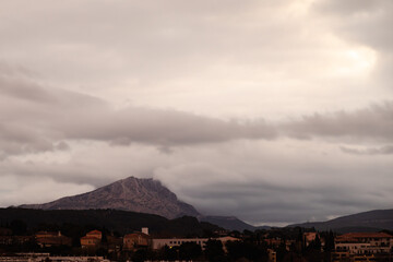 the Sainte Victoire mountain in the light of a cloudy autumn morning